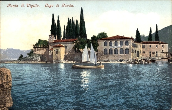 Postcard San Vigilio Lago di Garda Veneto, Punta S. Vigilio, sea view, sailing boat, Mediterranean architecture