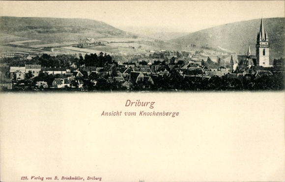 Postcard Bad Driburg in Westphalia, view from Knochenberge, city view, church, landscape