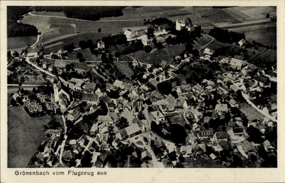Bad Grönenbach in the Allgäu region, Grönenbach from the plane, houses, streets, fields, a church...