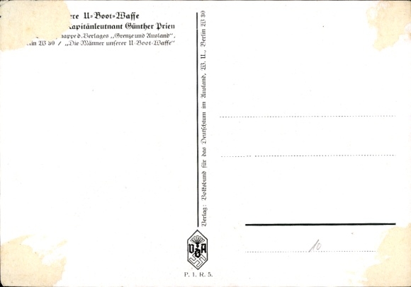 Artist Postcard Willrich, Wolfgang, Lieutenant Commander Günther Prien, Knight's Cross holder, VDA 1 5 2