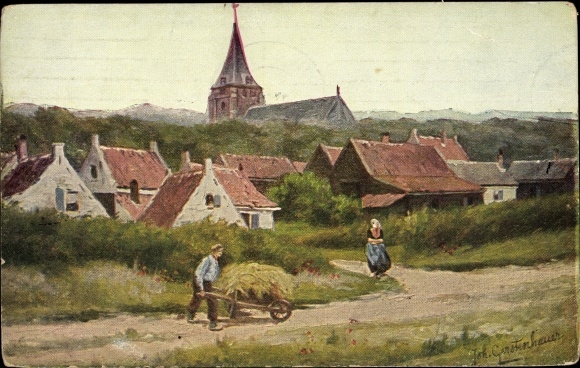 Artist PC Gerstenhauer, JG, Dutch village motif, man with hay cart, church