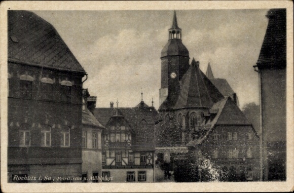 Ak Rochlitz an der Mulde Sachsen, Petrikirche, Mühlplatz, historische Stadtansicht, schwarz-weiß