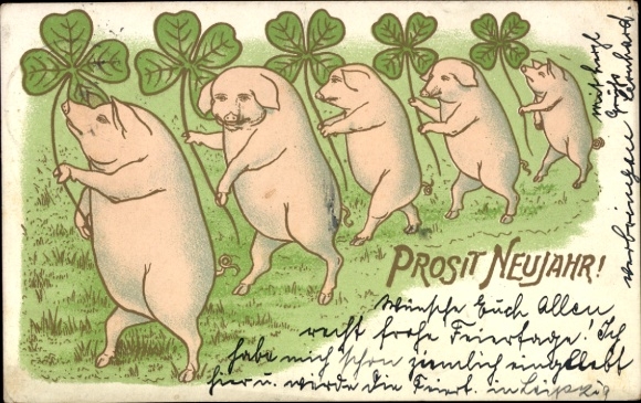 Chromo-Litho Happy New Year, clover leaves, pigs, humanized