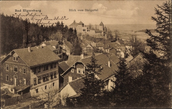 Postcard Elgersburg in Thuringia, view from the Steigertal, houses, forest, castle in the background