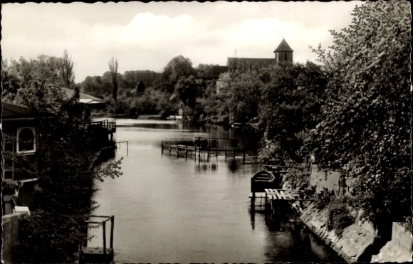 Postcard Preetz in Holstein, view of the Kirchsee, calm water, trees, buildings, black and white