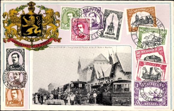 Embossed coat of arms stamps Postcard Corbion Bouillon Belgium, Inauguration of the Chemin de fer, Gare, train station