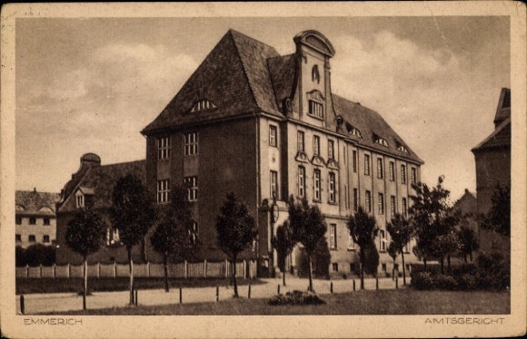 Postcard Emmerich am Niederrhein, District Court large buildings, trees, dark colors
