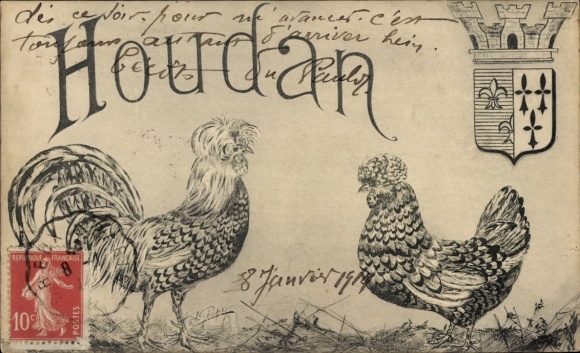 Wappen Ak Houdan Yvelines, zwei Hühner
