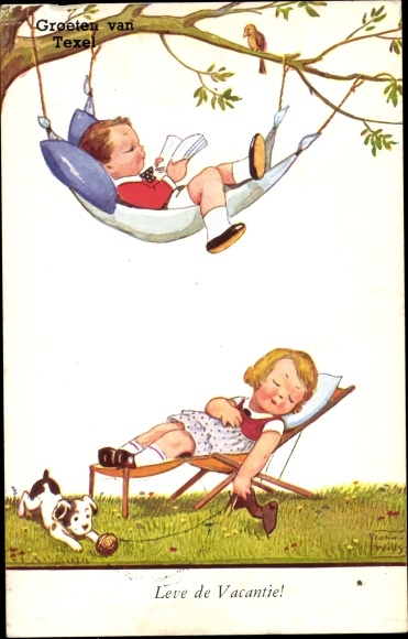 Artist Postcard Wills, John, Texel, holiday life, boy in hammock, girl in deck chair, dog