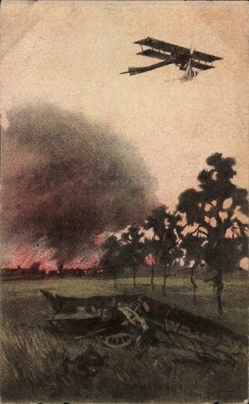 Artist Postcard Ost Petersen, The Victor, German military aircraft, crashed enemy aircraft