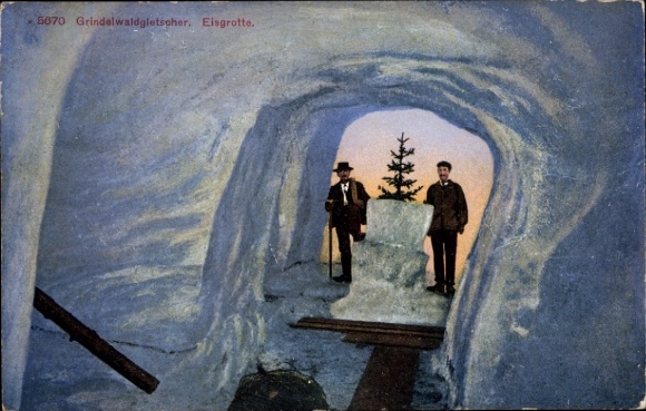 Postcard Grindelwald Canton Bern, ice grotto, two men, Christmas tree, glacier