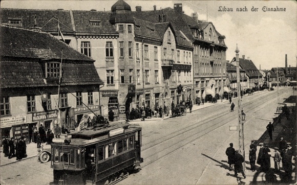 Postcard Liepaja Libau Latvia, city after the capture, street section, tram