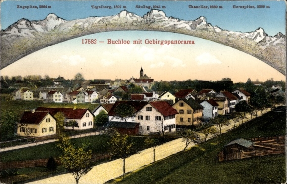 Postcard Buchloe in the Allgäu, panorama, mountains, Zugspitze, Tegelberg, Säuling, Thaneller, Gernspitze
