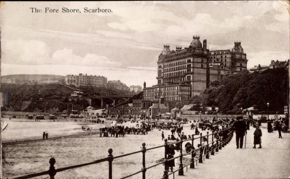Postcard Scarborough North Yorkshire, The Fore Shore, Scarborough, people on the beach, large hotel in...