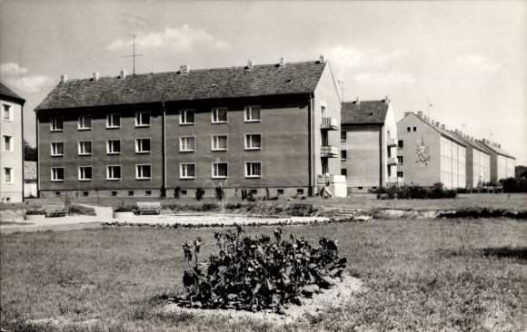Ak Wiesa Kamenz in der Lausitz, AWG-Siedlung, Wohngebäude, Gartenanlage, schwarz-weiß Fotografie