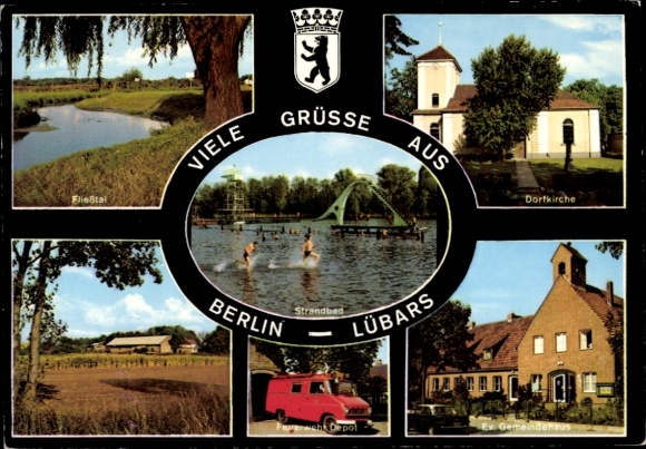 Coat of arms Postcard Berlin Reinickendorf Lübars, lido, Fließtal, community center, fire department depot, church