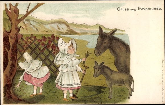 Artist Chromo-Litho Travemünde Lübeck, girls feed the donkeys