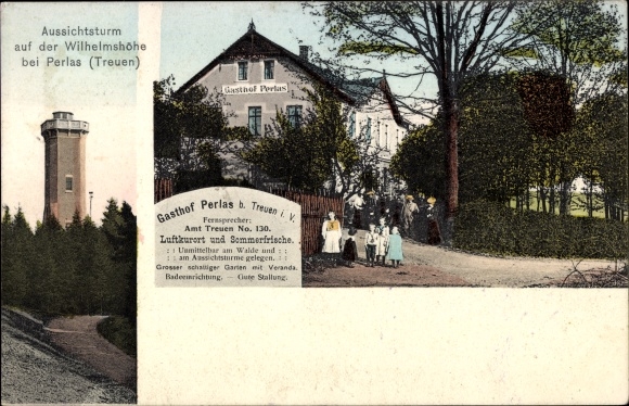 Postcard Perlas Treuen in Vogtland, Gasthof Perlas, observation tower on the Wilhelmshöhe
