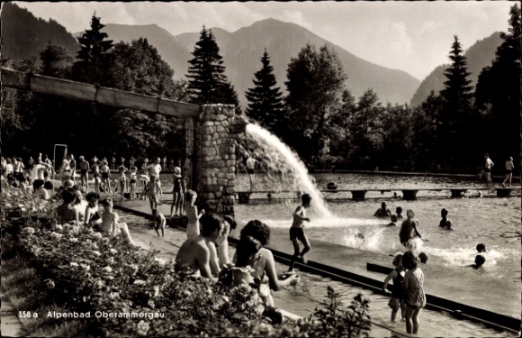 Postcard Oberammergau in Upper Bavaria, Alpenbad Schwimmer, waterfall, mountains in the background