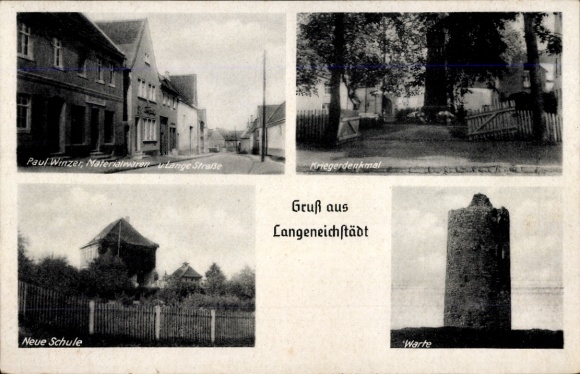 Ak Langeneichstädt Mücheln im Geiseltal, diverse gebouwen, oorlogsmonument, groeten uit Langeneich