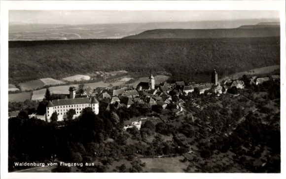 Postcard Waldenburg in Saxony, aerial view of castle, houses, forest, landscape