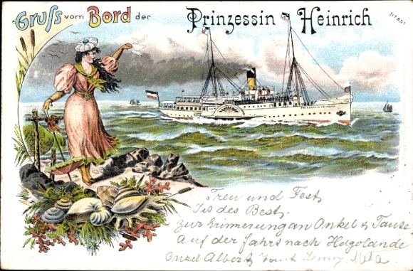 Litho Dampfer Prinzessin Heinrich, Abschied, Frau winkt mit Tuch, Muscheln