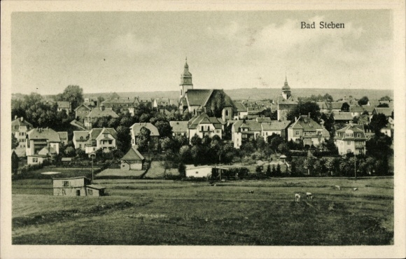 Postcard Bad Steben, view of the town, church, fields