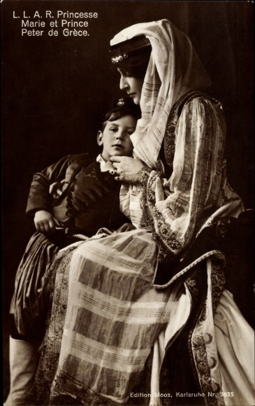 Postcard Maria, Princess of Greece and Denmark with Prince Peter