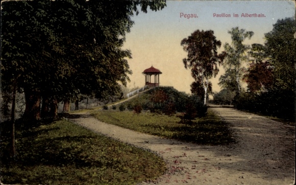 Postcard Pegau in Saxony, pavilion in the Alberthain, fork in the road, trees, landscape view