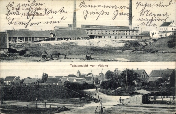 Postcard Völpke Saxony Anhalt, general view, railway crossing, fireclay factory