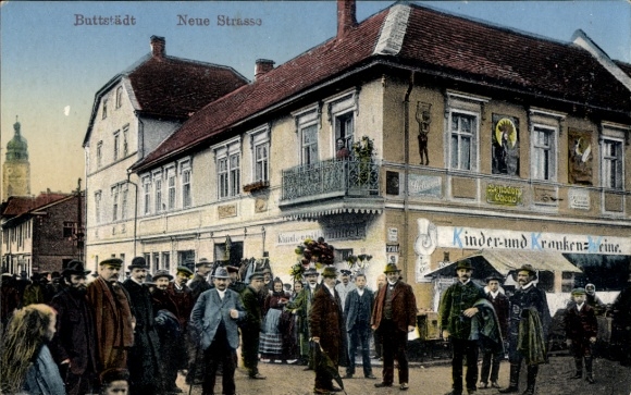 Postcard Buttstädt in Thuringia, historical building, crowd, labeling, colored illustration