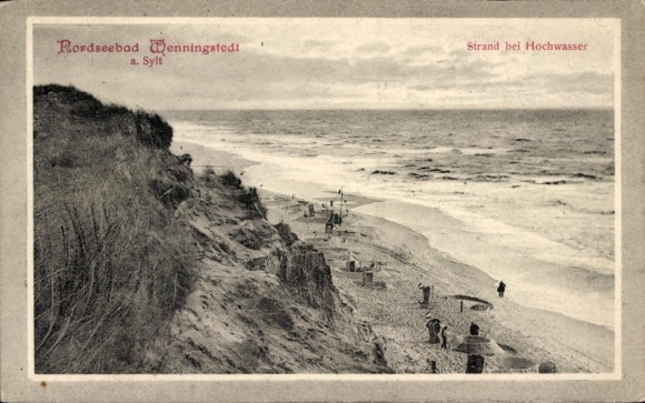 foto van het eiland Sylt in Noord-Friesland, kust met strand, vloed, mensen aan het water, kliffen, lucht...