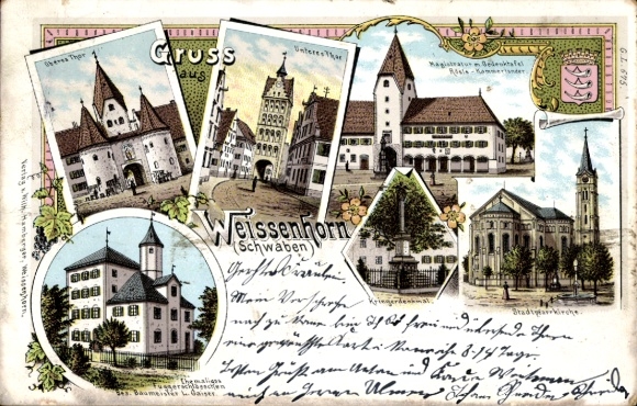 Wappen Litho Weissenhorn Schwaben, Unteres Tor und Oberes Tor, Fuggerschlösschen