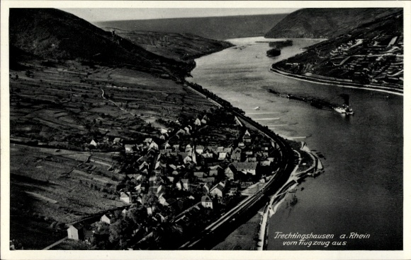 Postcard Trechtingshausen am Rhein, Trechtingshausen am Rhein, aerial photograph, water, landscape