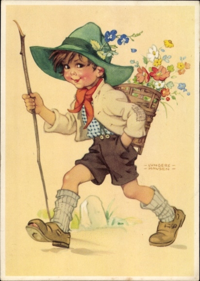 Artist PC Lungershausen, Ilse Wende, boy with backpack, flowers