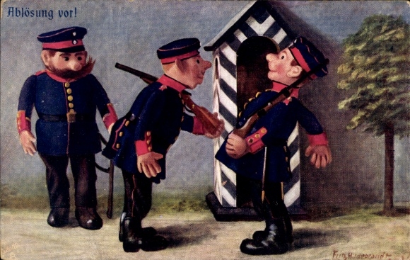 Kunstenaarskaart Hildebrandt, Fritz, detachement vooraan, poppensoldaatjes, Plooi in de kleurrijke rok 502
