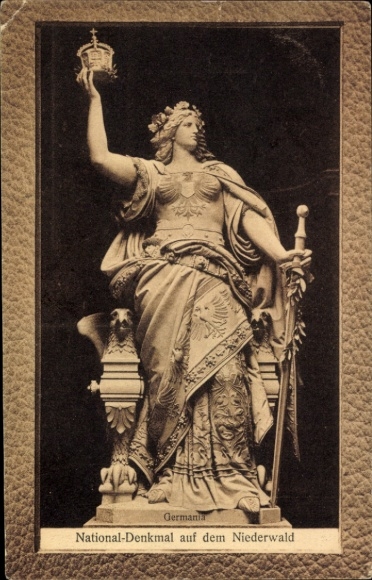 Postcard Rüdesheim am Rhein, Niederwald National Monument, Germania Statue, National Monument, on the Nie