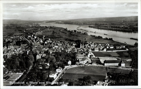 Postcard Geisenheim am Rhein Hesse, aerial photograph Rhine, river landscape, buildings