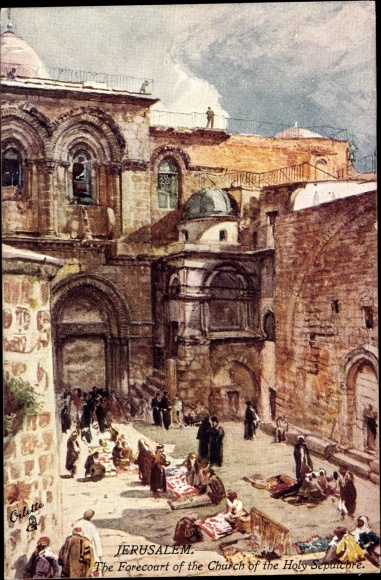 Artist Postcard Jerusalem Israel, The Forecourt of the Church of the Holy Sepulchre, Tuck 7308