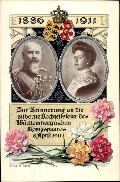 PC King Wilhelm II of Württemberg, Queen Charlotte, silver wedding anniversary 1911, coat of arms