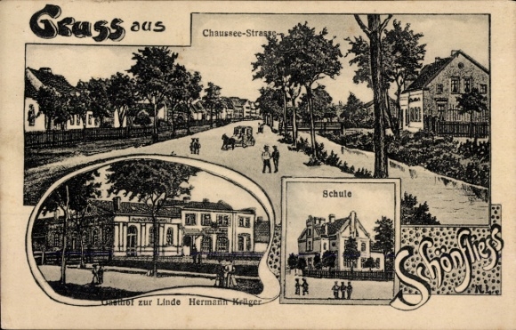 Postcard Schönfließ Mühlenbecker Land Oberhavel, Chaussee-Straße, Gasthof zur Linde, School
