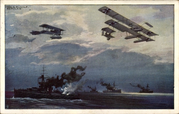 Artist Postcard Schulze, Hans Rudolf, Seaplanes over the English Fleet, World War I