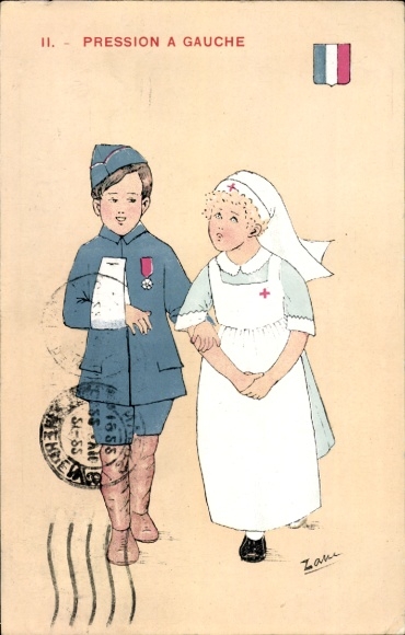 Artist Postcard Wounded French Soldier with Nurse
