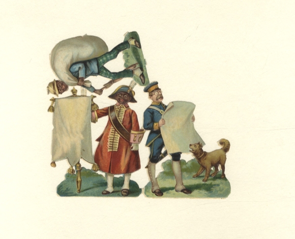 Oblate block of 3 men in uniform with dog, approx. 12.5 x 14 cm