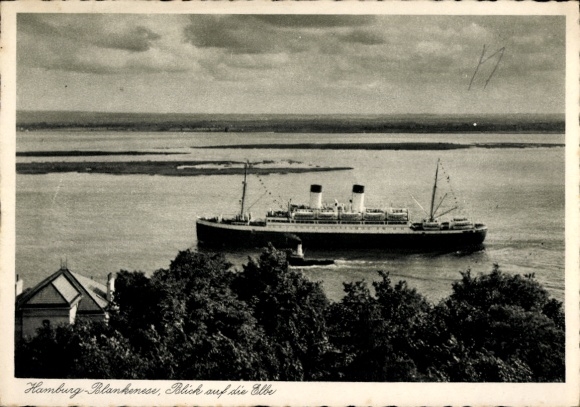 Ak Hamburg Altona Blankenese, Flusspanorama, Ozeandampfer und Schlepper auf Fahrt, v. d. Elbterrasse