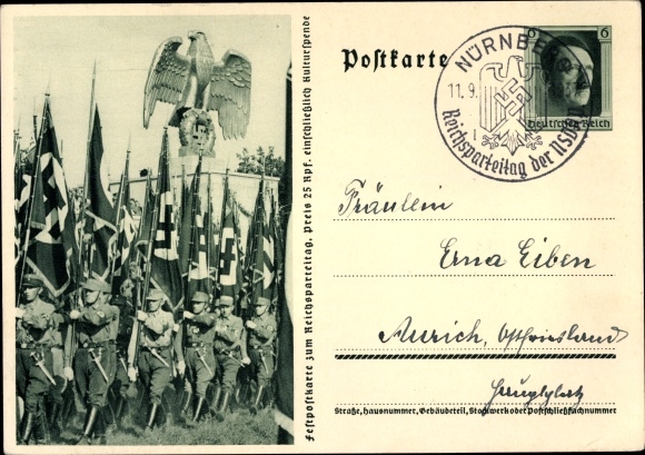 Postal stationery PC Nuremberg, Nazi Party Rally 1937, SA marches, national eagle, standard bearer