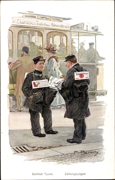 Artist PC Bersch, F., Berlin, Berlin types, newsboys, streetcar