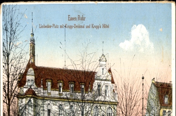 Postcard Rüttenscheid Essen in the Ruhr area, Limbecker Platz with Krupp monument and Krupp's Hotel