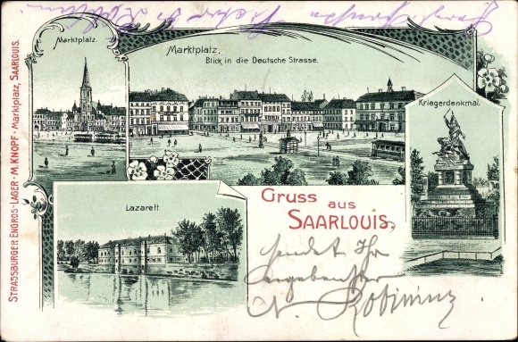 Chromo-Litho Saarlouis Saarland, German Street, military hospital, marketplace, war memorial