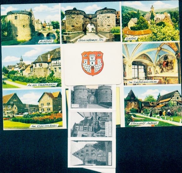 Leporello Postcard Büdingen in Hesse, Mühltor, Jerusalem Gate, castle, city wall, small golf course